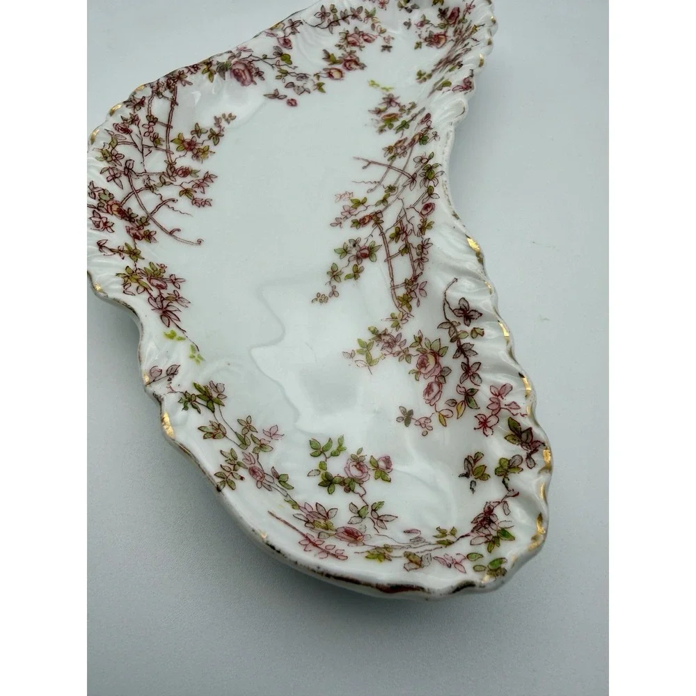 Antique Carlsbad Porcelain Bone Dish Crescent Rose Garlands Trellis Gold Trim 7
